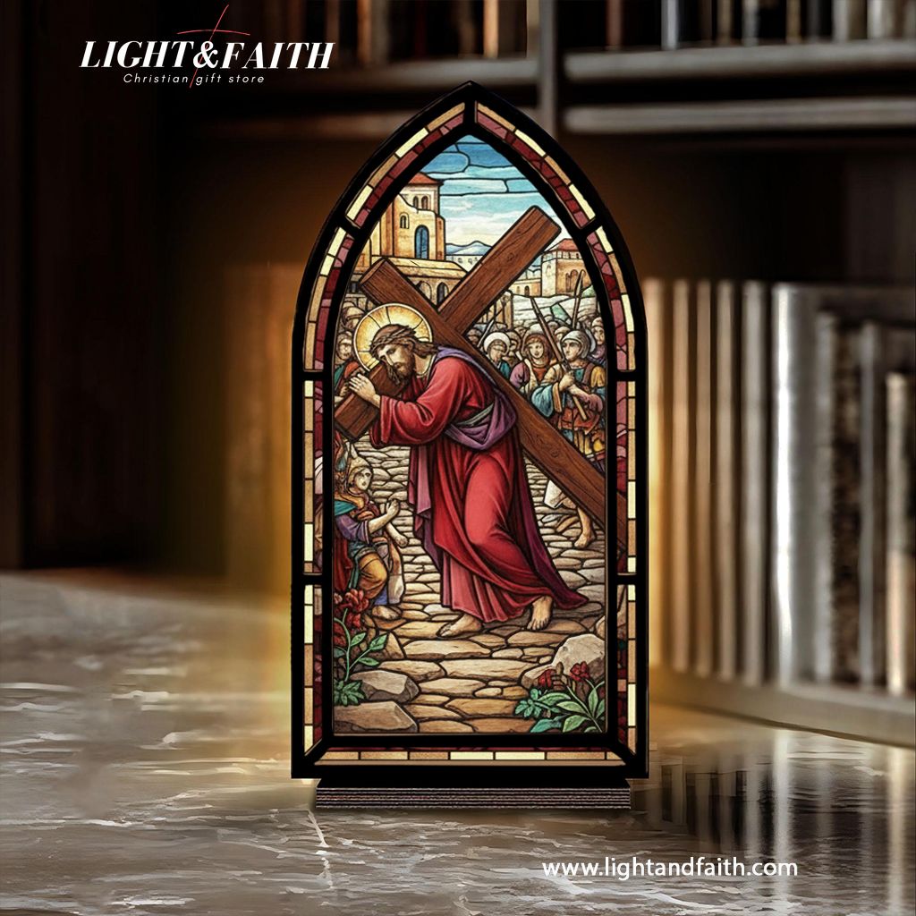 Christian Jesus Carrying the Cross Book Nook Decor, Stained Glass Window Style LED Light, Religious Home Altar Decoration, Faith Gift for Lent and Easter BNLAF19
